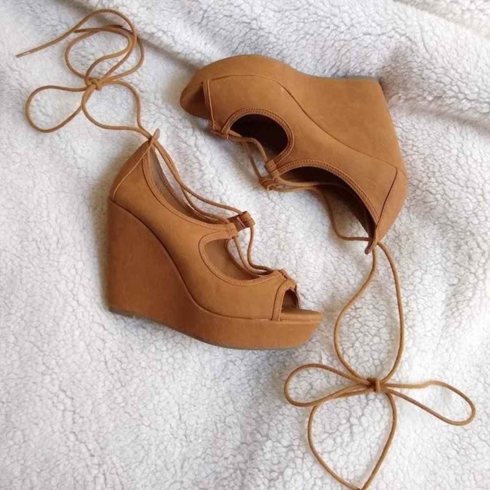 Khaki Suede Lace-up 4 inch Wedges (7.5)